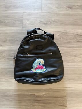 Pink dolphin Black Leather Backpack with Colorful Patch